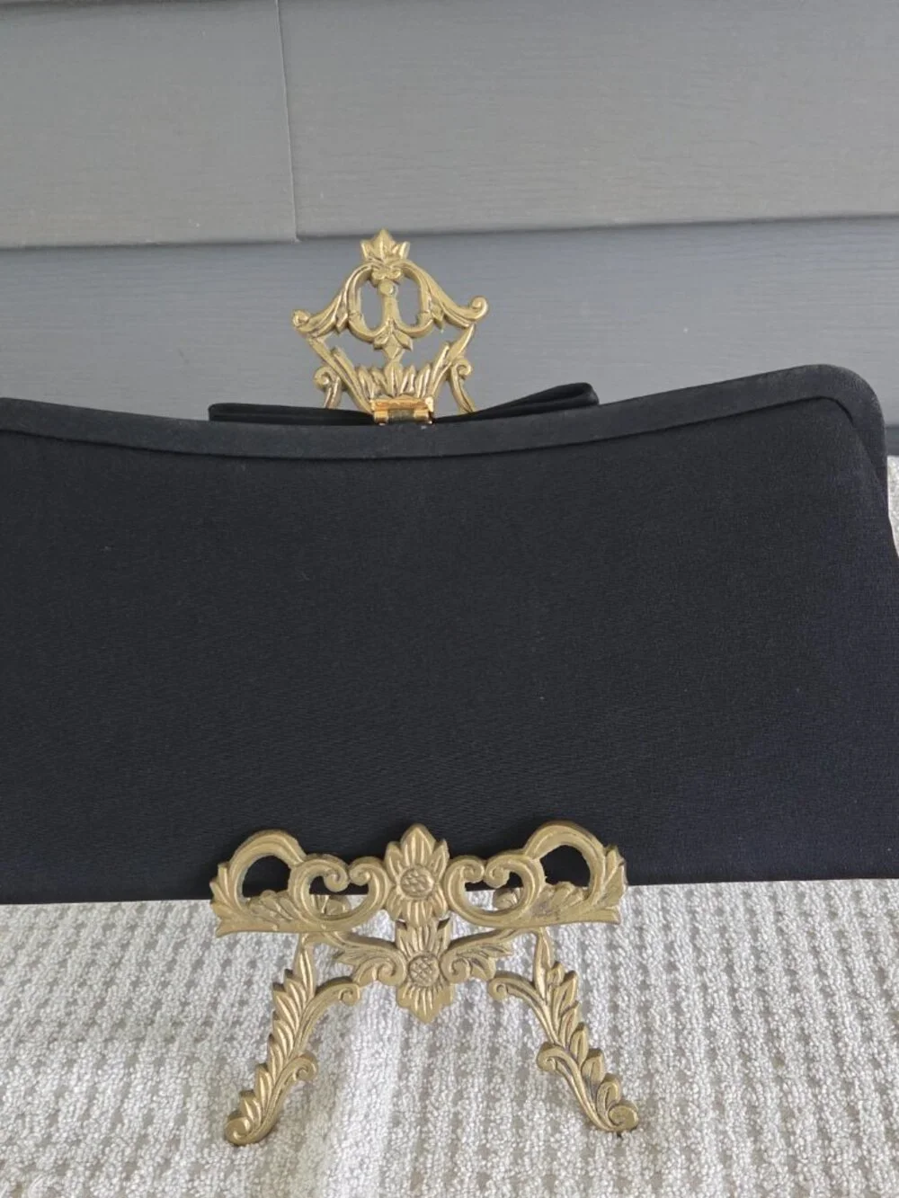 Vintage Black Satin Evening Bag Formal Gold Tone Clasp with Bow Hidden Chain